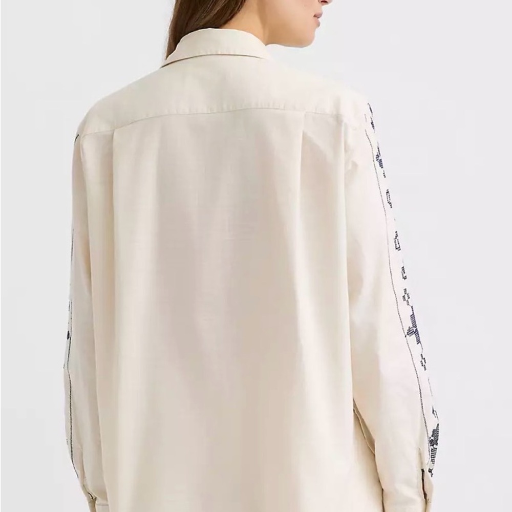 LOFT Cream Button-Down Shirt with Navy Embroidery - Picture 3 of 7